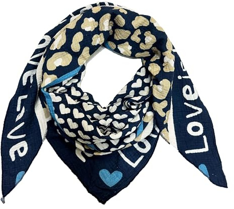 Love Herz Leopard Dreieck Schal aus 100% Baumwolle Frühling Unisex Uni Fashion Stola Tuch Übergangszeit Italy Sommer Strickschal Strick Tuch Heart Leo (Dunkelblau)