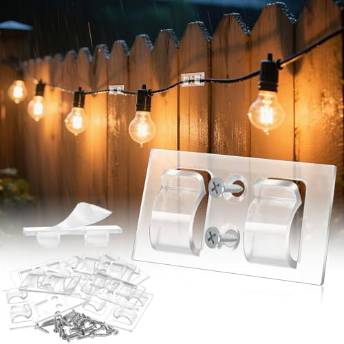 SWSEAM Hooks for Outdoor String Lights Clips: 30Pcs Heavy Duty Light Hook with Waterproof Adhesive Strips - Outside Clear Cord Holders for Hanging Christmas Lighting - Outdoors Sticky Clip (30)
