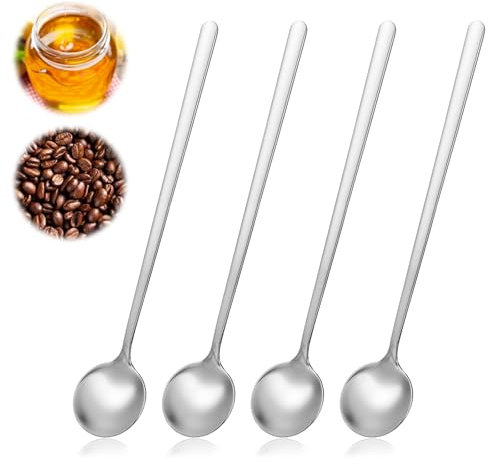 JJUNW 4 Pcs Stainless Steel Coffee Stir Spoons, Long Handle Bar Soup Spoons, Ice Tea Espresso Demitasse Stirring Spoons for Cocktail, Coffee, Tea, Milkshake