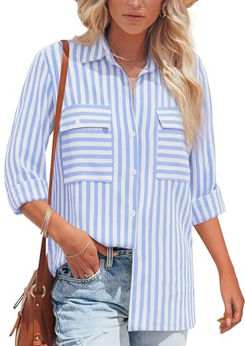 NONSAR Camicetta da donna a maniche lunghe a righe, top casual, camicia in cotone a righe, tunica, a maniche lunghe, in lino, L