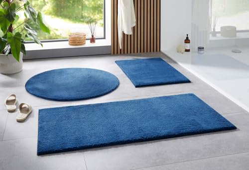 Taracarpet Badematte Uni Boho rutschfest, waschbar, Badezimmer-Teppich, Bad-Vorleger, WC Deko, Duschvorleger für Dusche und Badewannen weich und als Set kombinierbar Dunkel Blau 050x080 cm