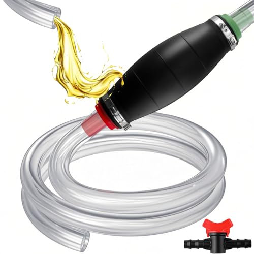Siphon Pump for Gasoline Gas Oil Fuel Petrol Diesel Fluid Water Fish Tank,Fuel Siphon Pump with 2 Durable PVC Syphon Hoses with Hose Clip,Metal Buckles (syphon pump 002)