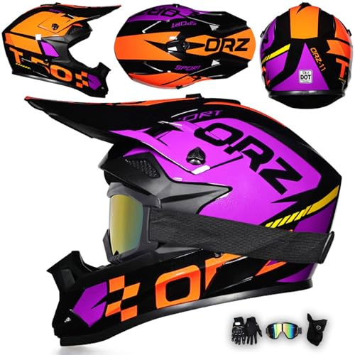 Casco da Motocross Integrale Moto con Occhiali Guanti Maschera, Bambini Adulti Casco Cross E Downhill Casco MTB MX Enduro Uomo Donna Caschi Moto per ATV Dirt Bike Scooter,Purple-M