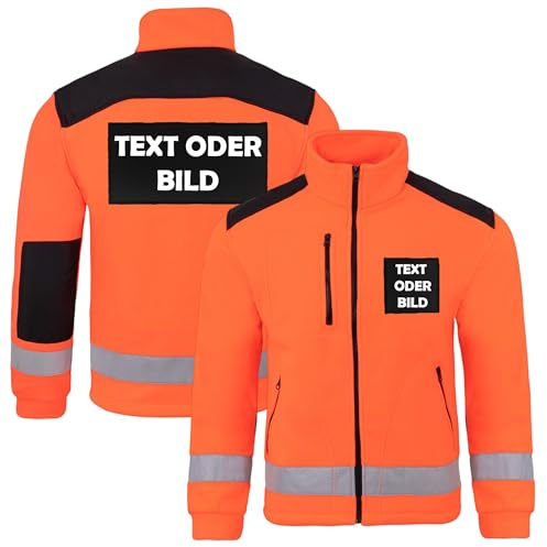Personalisierte Warnschutz Fleecejacke Herren mit Logo & Text – Arbeitsjacke mit Reflektoren – Ideal als Bauarbeiter Jacke – Outdoor Warnschutzkleidung – Warnjacke mit Aufdruck