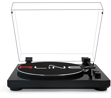 RLINE - Giradischi Vinili Bluetooth Nero Lucido, Lettore Vinili 33 e 45 Giri, Piatto 12 con Bordo Cromato, Piedini Antivibrazione, Cartuccia Magnetica AT3600, Pre-amplificatore Attivabile