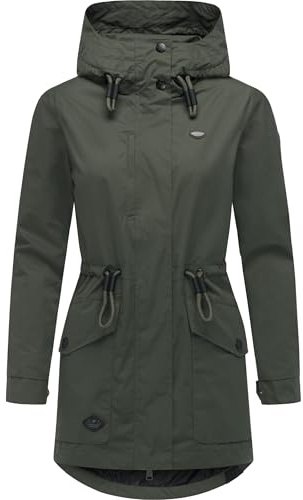 Ragwear lätt vattentät övergångsjacka för kvinnor kort jacka med midjeband och justerbar huva Alysa YOUMODO XS-6XL, Dark Olive25, XL
