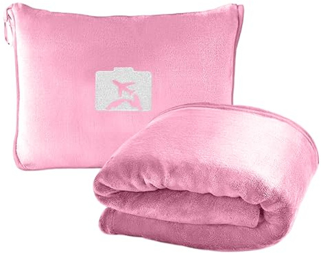 Morbida e calda coperta da viaggio per aeroplano e auto, 127 x 152 cm, ultraleggera, cuscino di trasformazione, cuscino compatto per vacanze, ufficio, casa e viaggi d'affari (rosa)