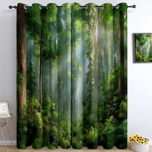 Generico Tende per finestra, 100 x 110 cm, oscurante, per camera da letto, soggiorno, tende per bambini, ragazzi e ragazze, Natura Paesaggio Nebbia Mattutina Foresta Verde, set da 2 pezzi