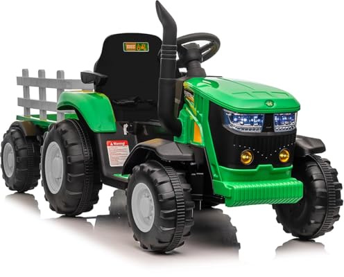 Tracteur électrique pour Enfants 12 v avec Remorque Amovible, Télécommande, Deux Moteurs, Klaxon, Musique/USB, 7 Lumières LED, Voiture à Pédales pour Les Enfants De 3 Ans Et Plus (Vert)