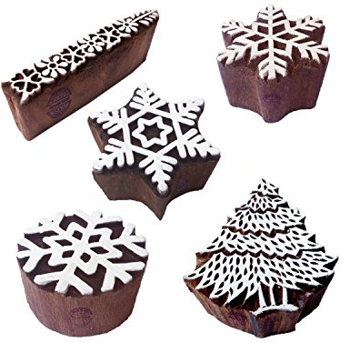 Rural Shapes Snowflake and Tree Wood Block Print Stamps (Set of 5) Htag1195