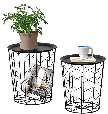 [en.casa] 2er Set Metallkorb Beistelltische 'Cerisey' mit Tablet Schwarz Tablettisch Couchtisch Serviertisch Sofatisch Metall