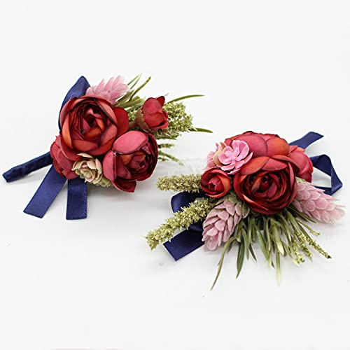 YOKOKE Corsage- och boutonniere-set, handgjord handledscorsage med konstgjord pionros och boutonniere för brudgum, för män, bröllop, bal och kostymdekorationer (vinröd och marinblå)