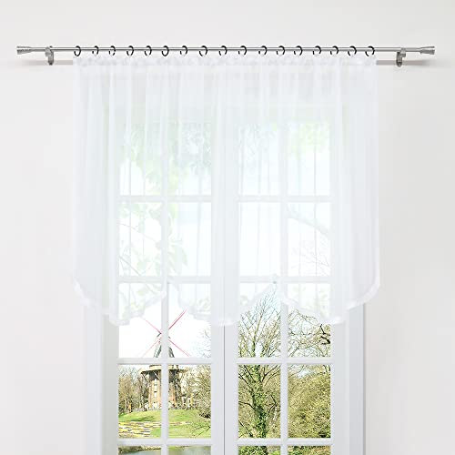 HongYa Gardine Store mit Kräuselband Transparenter Voile Bogenstore Blumenfenster Küche Vorhang mit Satinband H/B 100/300 cm Weiß