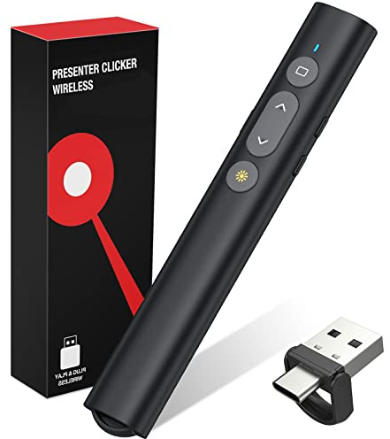 2 in 1 USB Type C Presentation Clicker with Laser Pointer, Wireless Presenter for PowerPoint Presentation PPT Clicker, 2.4GHz Presenter Remote Slide Advancer with Bright Red Laser Pointer
