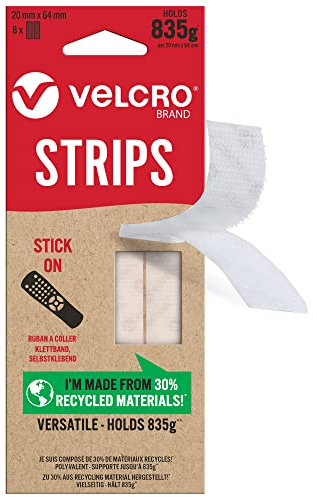 VELCRO Brand | Eco Stick On Strips | Screw Free Strong Hook & Loop Self Adhesive Sticky Strips Perfect for Room Décor & Home, Office, Garage Use | White | 20mm x 64mm | Set of 8