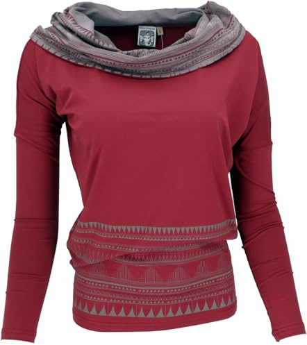 GURU SHOP Lockeres Longshirt aus Bio-Baumwolle, Boho Shirt Schalkapuze - Rot/grau, Damen, Size:S