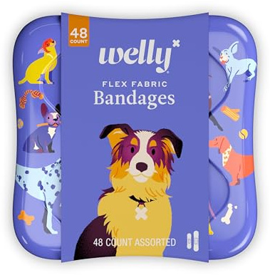 Welly Bandages | Adhesive Flexible Fabric Bravery Badges | Assorted Shapes for Minor Cuts, Scrapes, and Wounds | Colorful and Fun First Aid Tin | Dogs Patterns - 48 Count