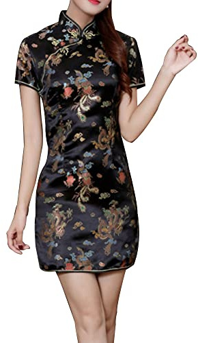 Cheongsam Dress for Women Qipao Slim Fit Short Sleeve Bodycon Mandarin Collar Side Slit Chinese Floral Print Dragon Dress (as1, Alpha, l, Regular, Regular, Black Dragon)