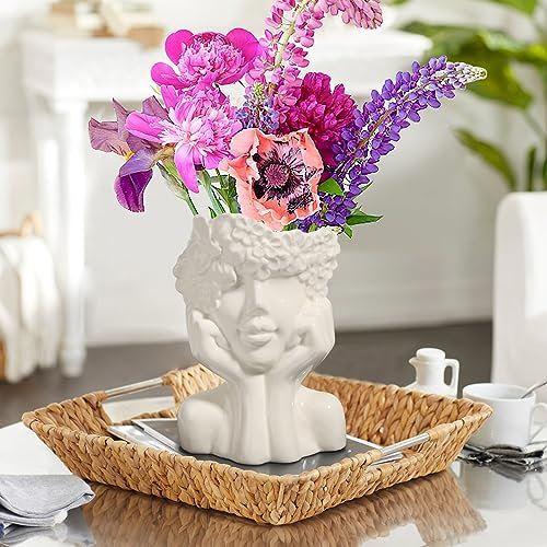 Comsaf Vaso Decorativo in Ceramica Bianca - Viso Donna Corpo Moderno per Fiori, Pampa - Piccolo Estetico per Soggiorno e Arredamento Ufficio