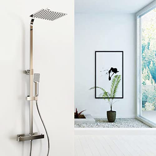 Ducha Casa, Columna de Ducha Termostática, Cuadrado Plata Rociador de Ducha, Barra de Acero Inoxidable, Ducha de Baño Lluvia