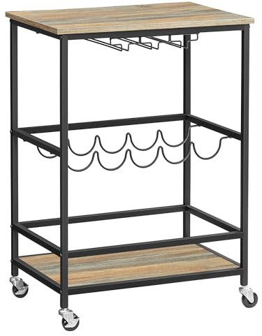 VASAGLE Servierwagen, Barwagen, Weinregal auf Rollen, Küchenwagen, Weinglashalter, Flaschenhalter, 40 x 60 x 82 cm, Industrie-Design, türkisbraun-schwarz LRC087B60