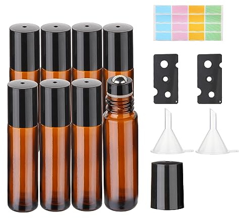 Hyber&Cara 10 ml glasrulla på flaskor, 8 st eteriska oljor rullflaskor med rullbollar i rostfritt stål perfekt för doft, aromaterapi (inkluderar 2 flasköppnare, klistermärke och 2 trattar)