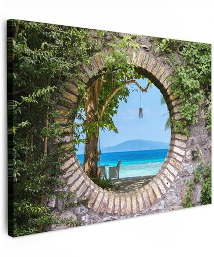 MuchoWow© Stampa su Tela 80x60 cm Canvas Quadri per il Soggiorno Quadro Camera da Letto Decorazioni Parete Spiaggia - Vista dalla finestra - Tropicale - Sedia da spiaggia