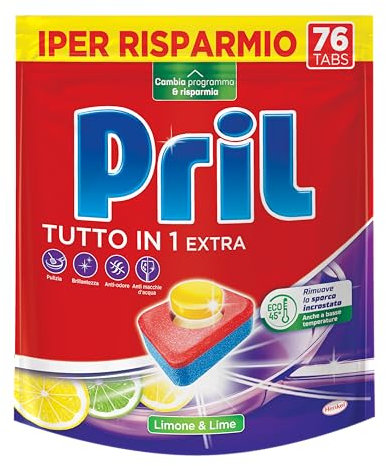 Pril Tutto in 1 Extra Tabs Limone & Lime Detersivo, Pastiglie per lavastoviglie attive già a basse temperature (40°), Detersivo lavastoviglie con 8 azioni, 1 x 76 tabs