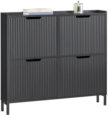 SoBuy Schuhschrank schmal mit 4 Klappen Platzsparender Schuhkipper Hoch Kommode Schuhregal geschlossen Flurschrank für Diele, Flur 100x91x19cm Schwarz FSR177-L-SCH
