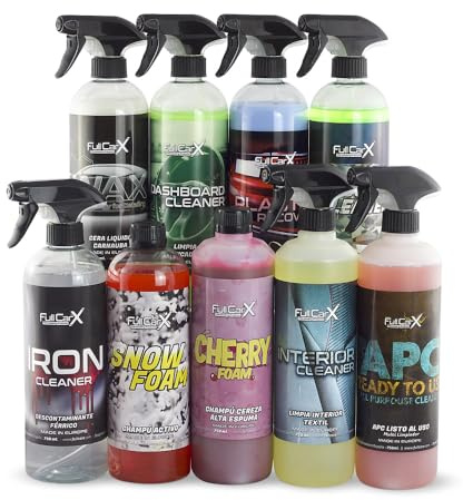 FULLCARX Kit Pulizia Auto Esterno Interno Detailing, Pulitore Cerchi, Tappezzeria Sedili, Rinnova Plastiche Cruscotto, Shampoo Snow Foam PH Neutro e Alcalino Rosa, Cera Carnauba, APC Detergente Vetri