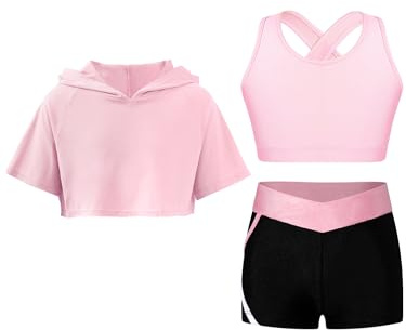 Kid Girls 3 Pieces Dance Outfit Gymnastics Hooded Crop Top Sleeveless Camisole and Shorts Set Tracksuit A Pink 5-6 Years