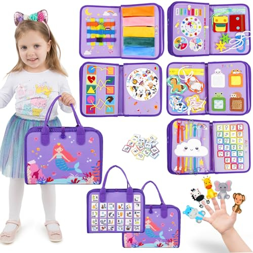 Esjay Busy Board Toddlers Toys, Montessori Busy Book for Fine Motor Skills Learning, Gifts for Girl Toddler Birthday, Toy for Travel Plane Car Activities, Sensory Early Educational(Purple MultiPage)