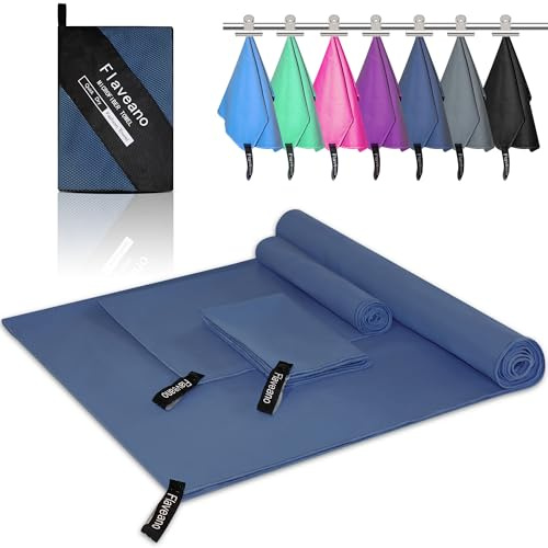 Flaveano Serviette Microfibre, Serviette Sport Lot de 3 (180x90cm, 80x40cm, 50x30cm), Séchage Rapide pour La Plage, La Piscine, Le Camping, Le Gymnase et Le Voyage - Bleu Marine