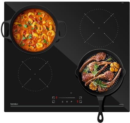 Hermitlux Plaque de Cuisson à Induction 60 cm 4 Feux, Table de Cuisson avec 9 Niveaux de Puissance, Adaptée aux Casseroles en Fer et en Acier Inoxydable, 7400W