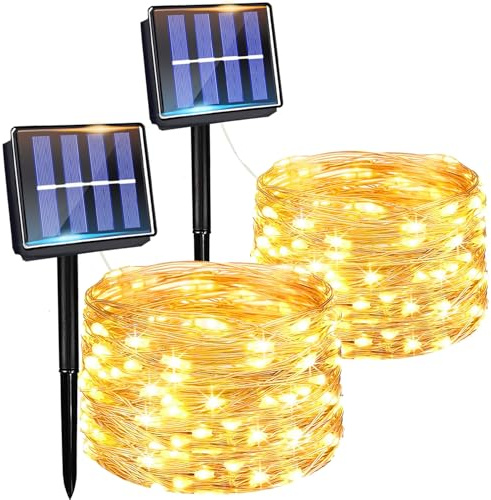 Solcellsljuskedja utomhus 2 x 7 m 50 LED, koppartråd, ljuskedja utomhus, LED solcellslampor för utomhusbruk, trädgård, solcellsslinga, vattentät, solcellsbelysning för utomhusbruk, terrass