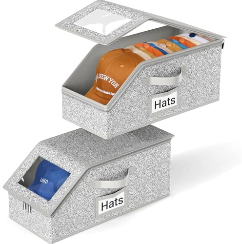 MISSLO Paquete de 2 organizadores de sombreros para gorras de béisbol, estantes apilables para sombreros, contenedor de almacenamiento para armario, resistente caja de sombreros para hombres con