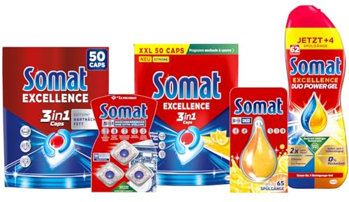 SOMAT Excellence 3in1 Caps 50 Stück 905 g + Lemon 50 Stück 905 g + Duo Power Gel 992 ml + 5in1 Maschinenreiniger 12 AW + Deo Zitrone & Orange 17 g – effektives Set für Reinigung, Pflege & Frische