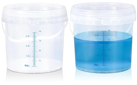 Lot de 2 seaux transparents de 5 litres avec couvercle, seau de qualité alimentaire, seau de nettoyage, seau en plastique, poignées extra robustes avec poignée pour un transport facile