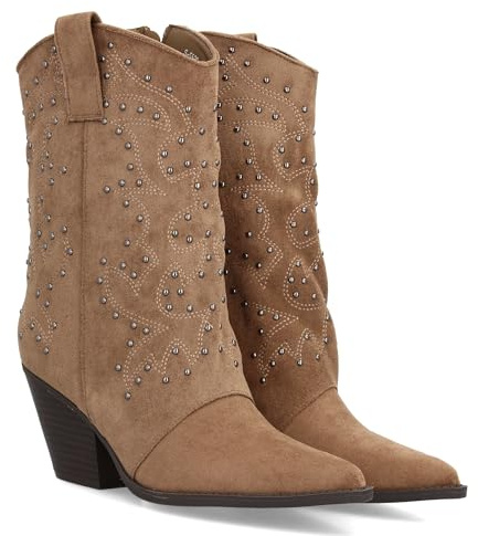 97506 Bota Cowboy para Mujer con Diseno de Cana Media con Tachuelas metalicas. Punta Fina y Tacon Cubano. Tirador Lateral y Cierre de Cremallera. Ideal Otono Invierno. Kaki Talla 36