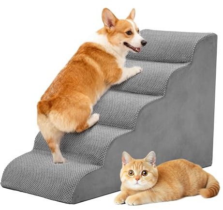 DUMOS Dog Stairs Ramp for Small Dogs and Cats, 5-Step Curved Pet Dog Steps with High-Density Foam for Puppy and Older Cats, Indoor Non-Slip Pet Ladder Ramp Stairs for Couch, High Beds, Sofa, Car, Grey