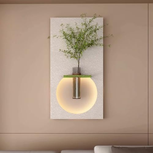 Decoración de pared con textura LED 3D con estante y jarrón, enchufe y control remoto, decoración de pared de estilo cremoso de piedra arenisca con vegetación sintética para sala de estar, dormitorio