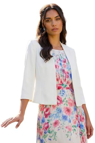 Roman Bolero Jacket for Women UK Ladies Shrug Tailored Rochette Suit Blazer Formal Wedding Guests Crepe Crop Stretch Smart Cover Up Office Work Slim Edge to Edge - Ivory - Size 14