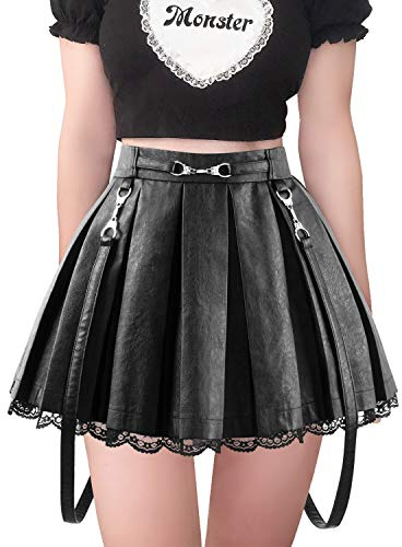 LittleForBig Damer A-linje veckad PU konstläder Flared Casual spets Mini kjol - Troublemaker
