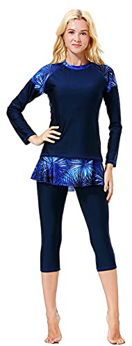 WOWDECOR Modest Swimsuits for Women Girls, Muslim Long Sleeve Shorts Swimwear with Swim Skirt Set (Navy Blue, 3XL)