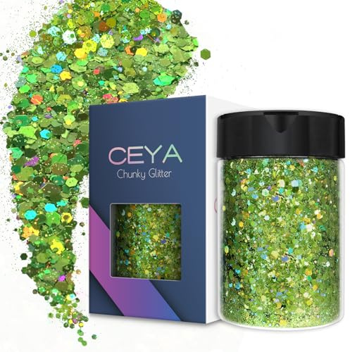 Ceya holografiskt tjockt glitter, 140 g / 4,9 oz, ljusgrönt hantverk, glitterpulver, blandade tjocka och fina flingor, skimrande nagelpaljetter för nagel, hår, epoxiharts, glas, slime, målning