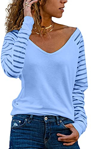 Homlan Blusa de rayas, de manga larga, para mujer, cuello de pico, de malla, suelta, elegante, informal, azul claro, M