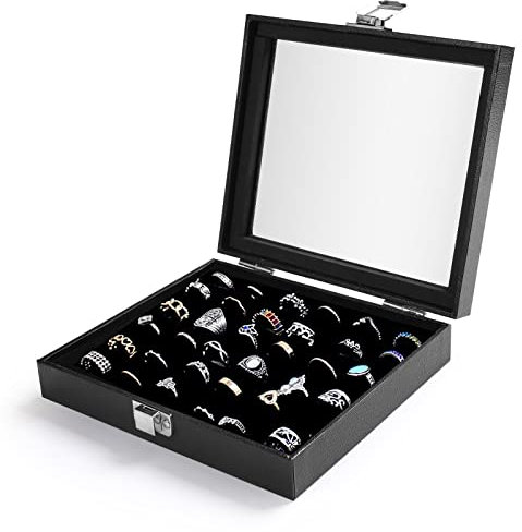 Pinkgarden Jewelry Storage Case, Black Gorgeous Transparent Rings Storage Box Jewelry Showcase Display Case Holder Tray for Women Girls (Black-36 Slots)