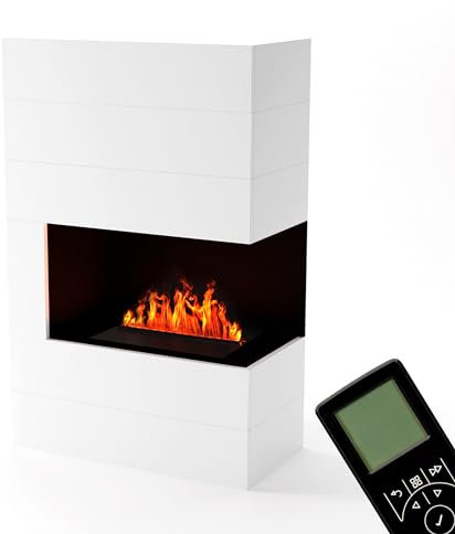 GLOW FIRE Wasserdampf Kamin TUCHOLSKY rechte Ecke (Standkamin) - Elektrokamin mit realistischen LED 3D-Flammen, Knistereffekt & Fernbedienung, 90x140x45 cm - Opti-Myst 500 Elektro Kamin, Weiß