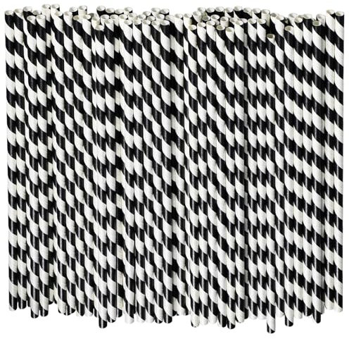 Pajitas de papel desechables extralargas, 26 x 0,6 cm, rayas blancas y negras, 100 unidades, biodegradables y compostables