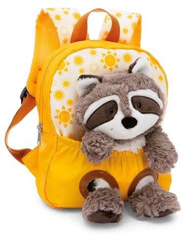 NICI Kinderrucksack gelb 2 in 1 mit Kuscheltier Waschbär 25cm - Kindergartenrucksack Mädchen & Jungen - Weicher Rückenbereich & verstellbare Gurte - 49846